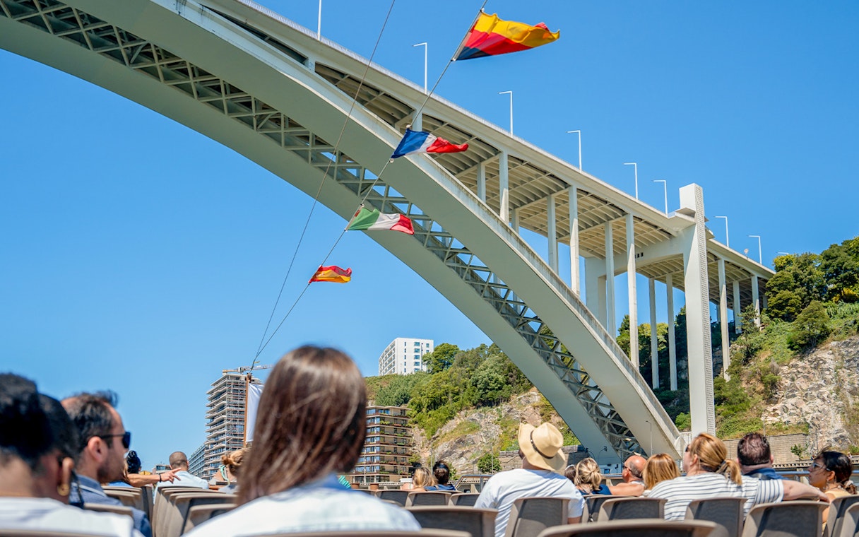 Cruise passengers view Ponte da Arrábida on Douro River, Porto.