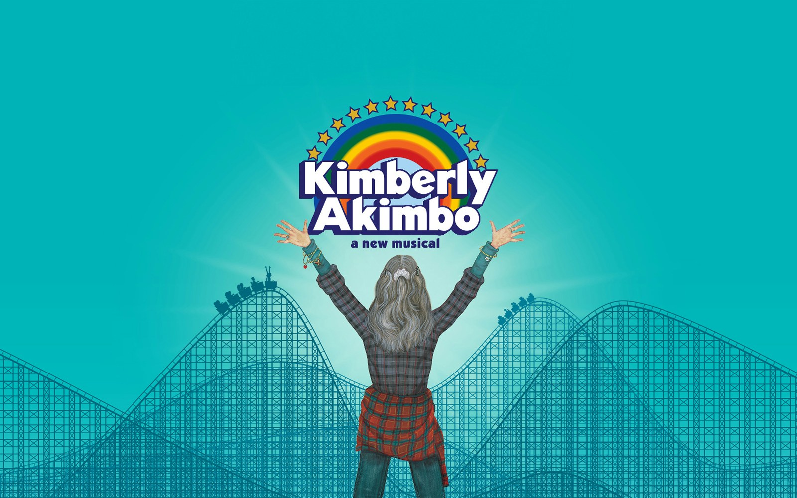 Person facing a roller coaster with "Kimberly Akimbo: a new musical" logo above.