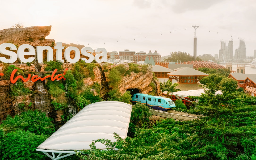 Monorail passing through lush greenery on Sentosa Island, Singapore.