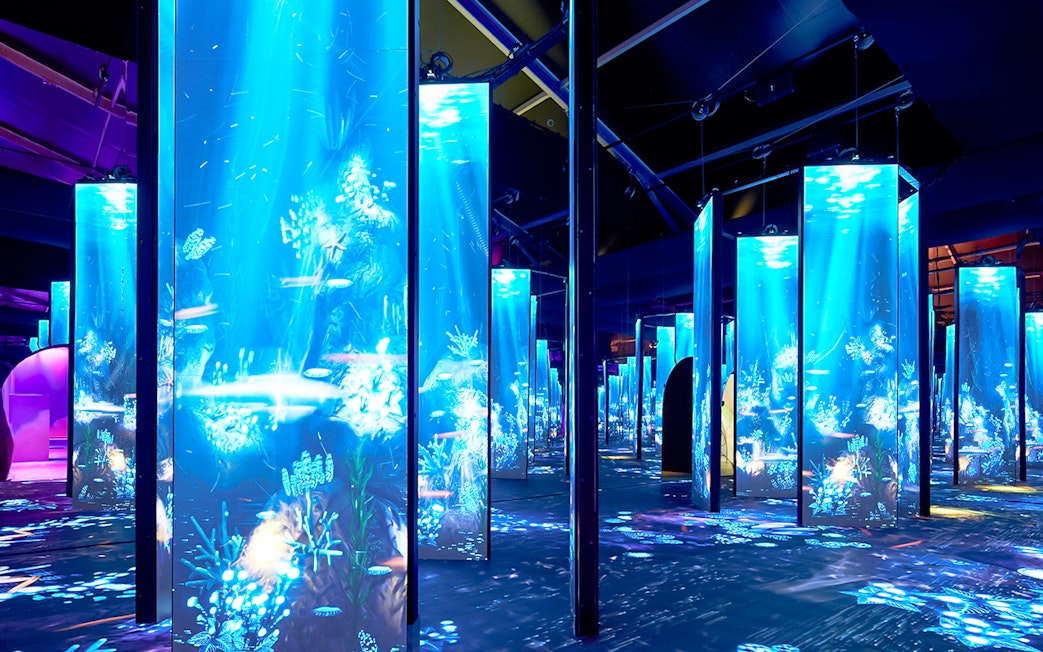 Immersive blue-lit installation at Bubble Planet, Seattle.