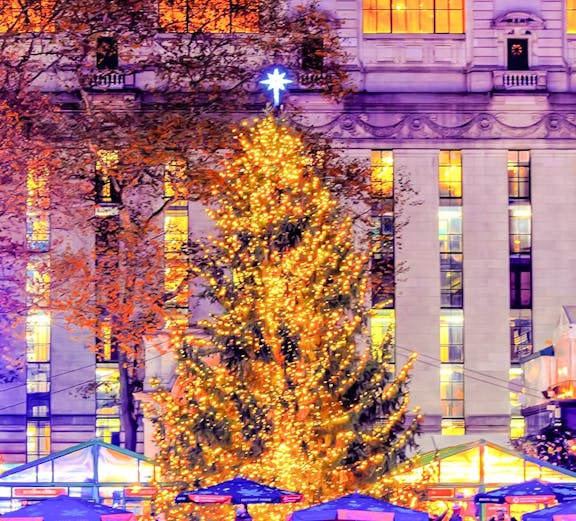 Holiday lights tour in New York featuring a lit Christmas tree and ice skating rink.