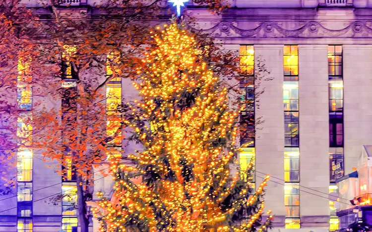 Holiday lights tour in New York featuring a lit Christmas tree and ice skating rink.