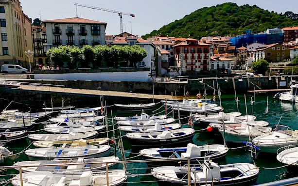 Boats docked in Mundaka harbor with hillside and village buildings in the background.