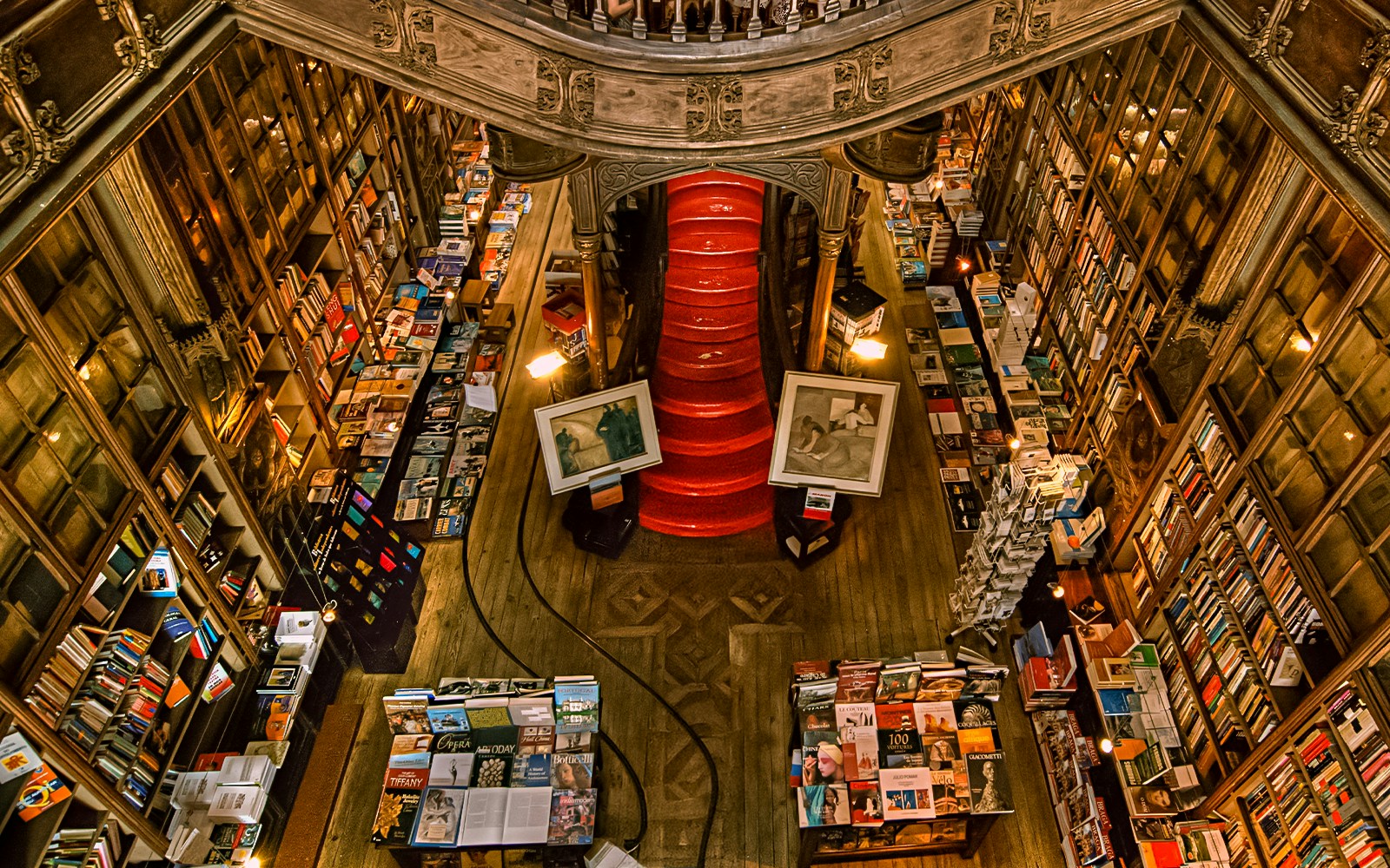 Lello Library's ornate staircase from above, Porto, Portugal.