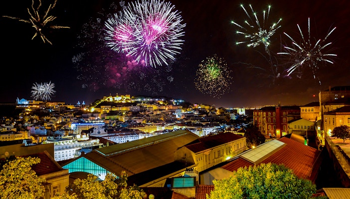 Lisbon at night with fireworks - View from Miradouro Bairro Alto