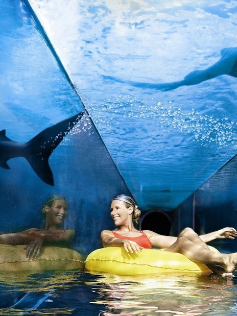 Tourist on a yellow float in a shark tunnel at Aquaventure Waterpark, Dubai.
