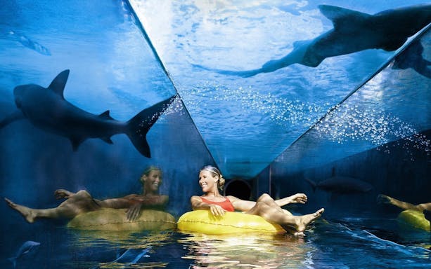 Tourist on a yellow float in a shark tunnel at Aquaventure Waterpark, Dubai.