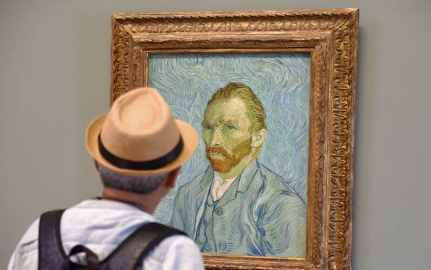 Visitor viewing Van Gogh self-portrait at Van Gogh Museum, Amsterdam, on guided tour.