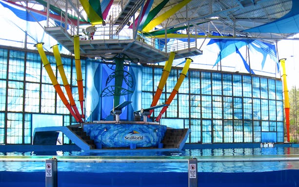 SeaWorld San Antonio dolphin show stage with colorful backdrop and pool.
