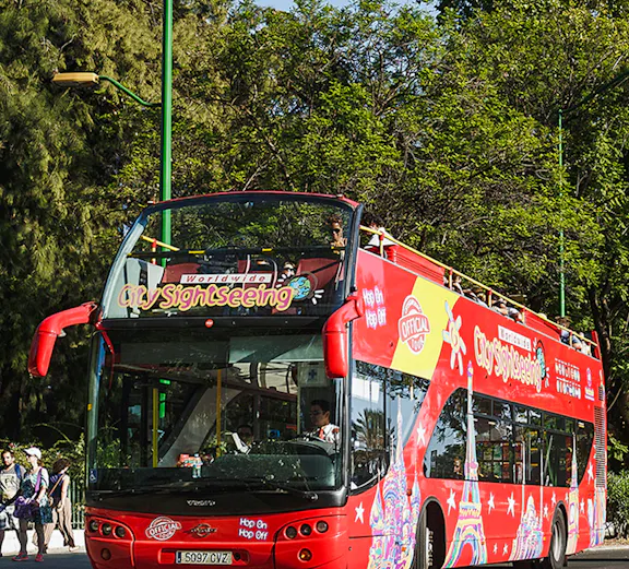 Red double-decker bus for city sightseeing in Madrid, surrounded by trees.