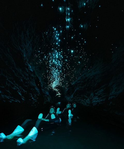 Visitors floating in Okohua Glowworm Cave, illuminated by glowworms above.