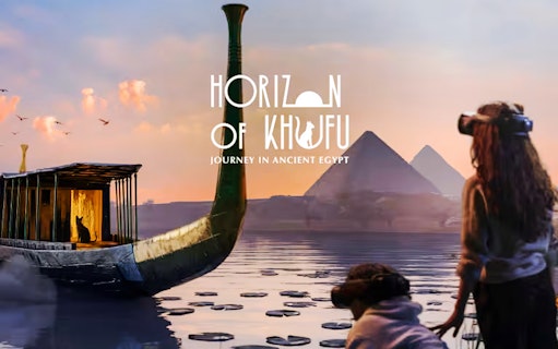VR users explore ancient Egypt with pyramids and a boat on the Nile in Sydney's Horizon of Khufu experience.