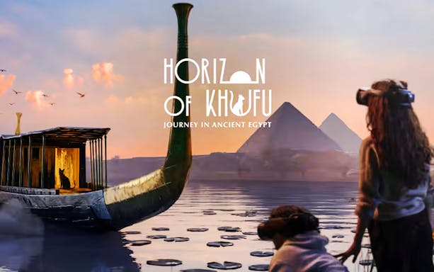 VR users explore ancient Egypt with pyramids and a boat on the Nile in Sydney's Horizon of Khufu experience.