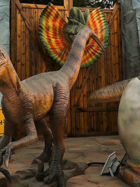 Dinosaur display with egg at Dino Live, Dubai Garden Glow.
