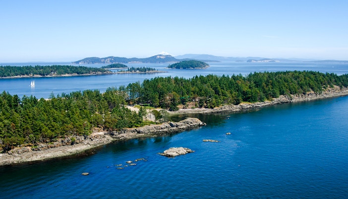 Aerial view of Vancouver Island and Southern Gulf Islands with lush forests and surrounding ocean.