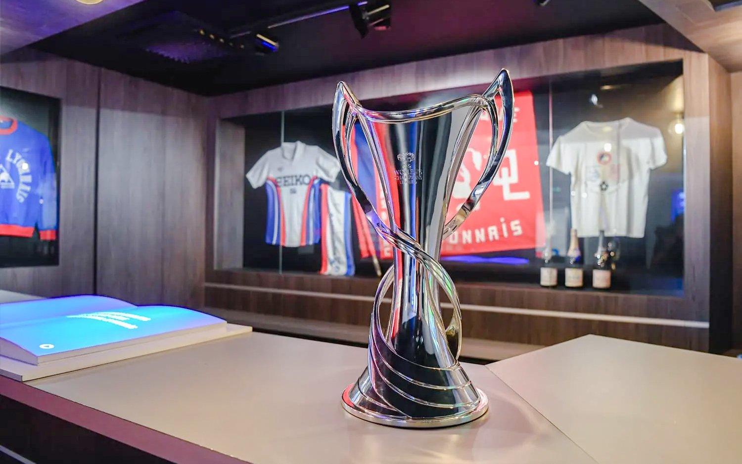 Trophy display at Olympique Lyonnais stadium museum, Lyon, France.