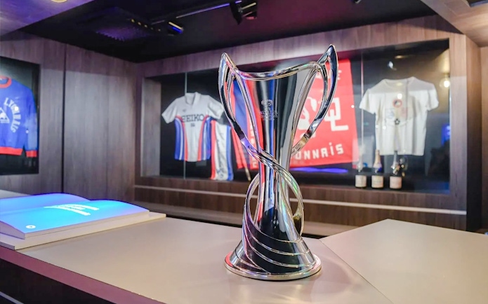 Trophy display at Olympique Lyonnais stadium museum, Lyon, France.