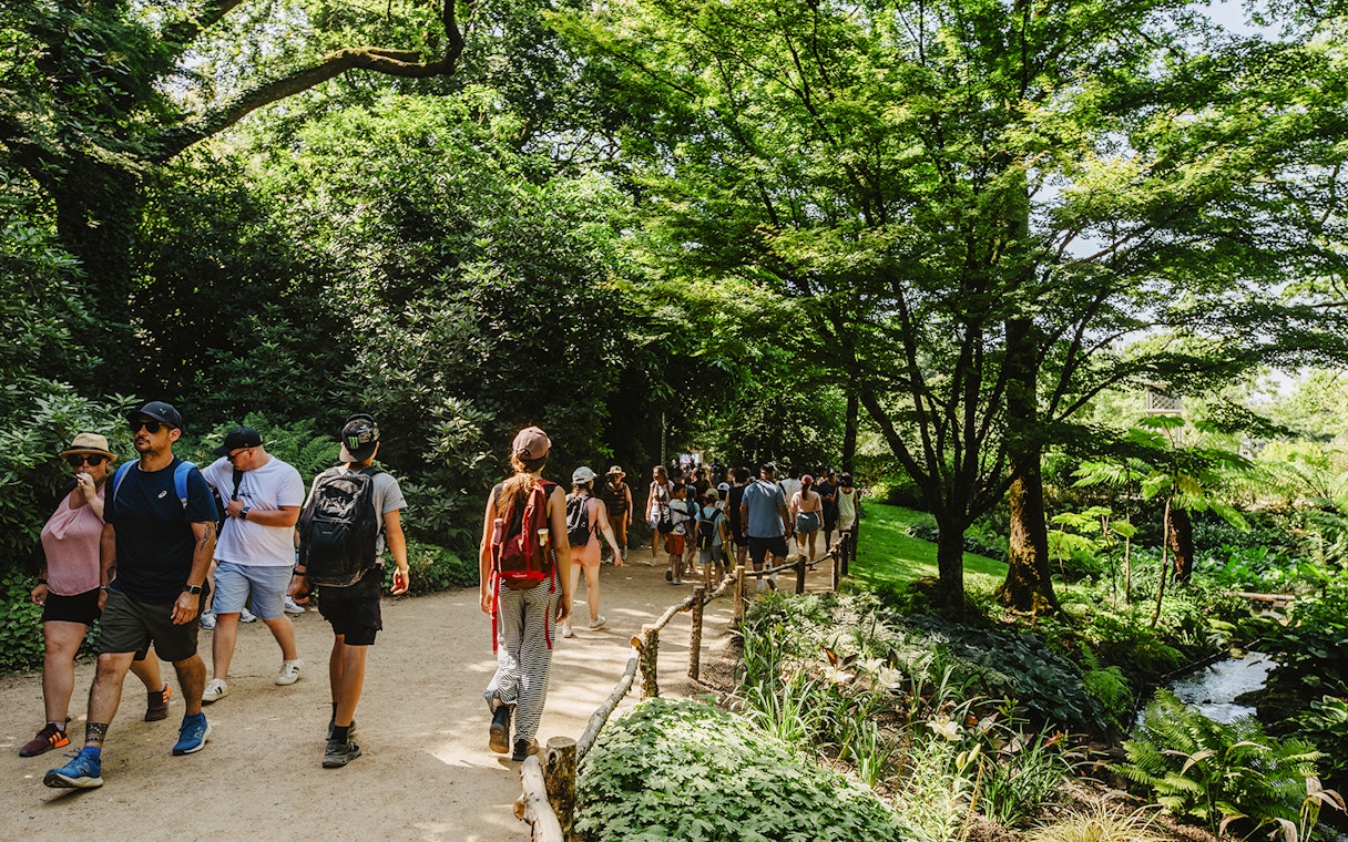 Group walking on a forest path during a nature walk in Puy du Fou, France.