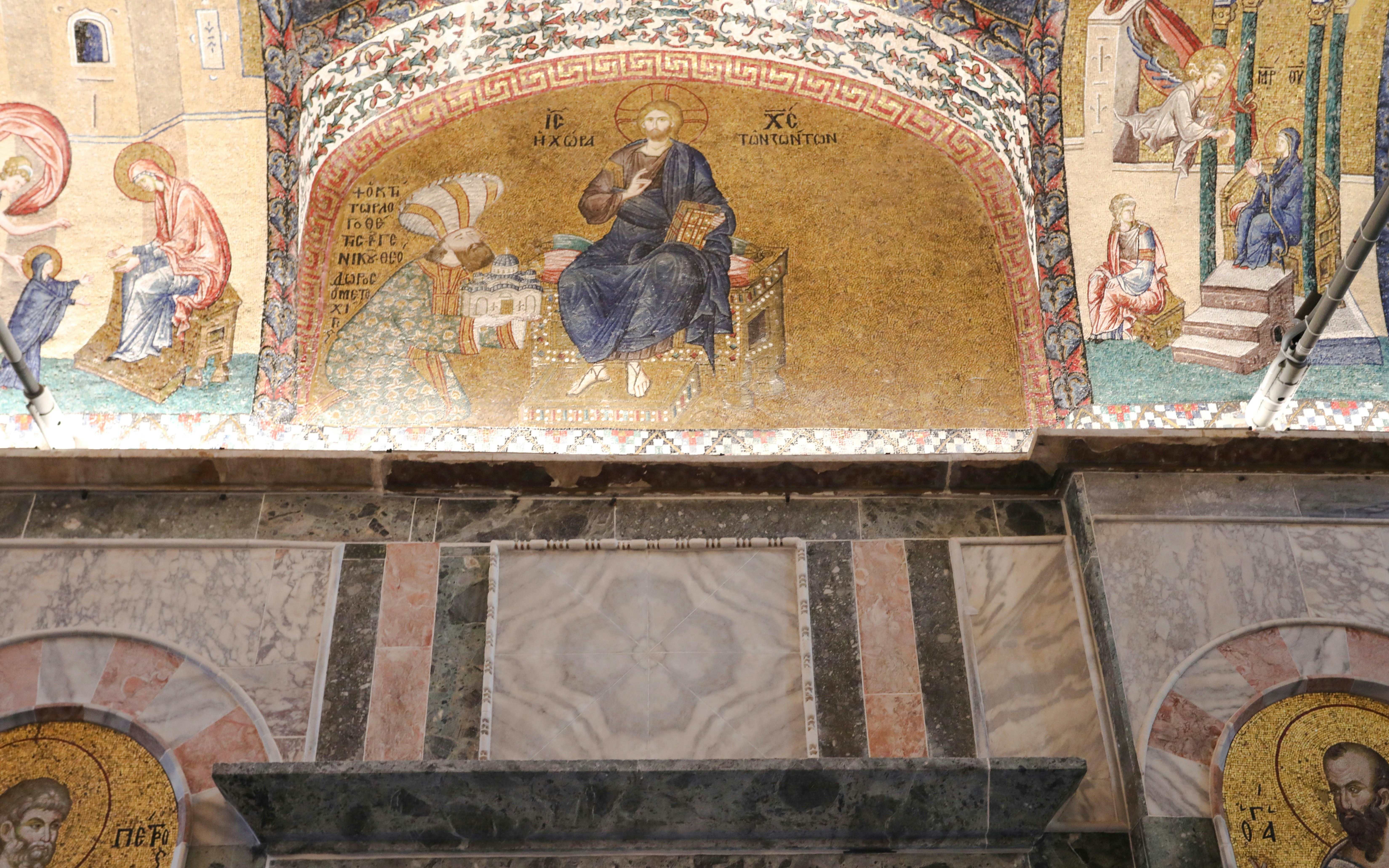 Theodore Metochites kneeling before Christ fresco in Kariye Mosque, Istanbul.