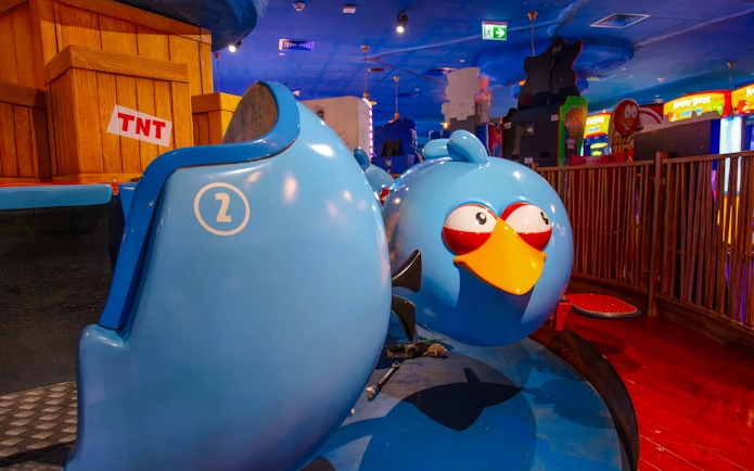 Bouncing blues ride at Angry Birds World Theme Park featuring blue bird-themed seats.