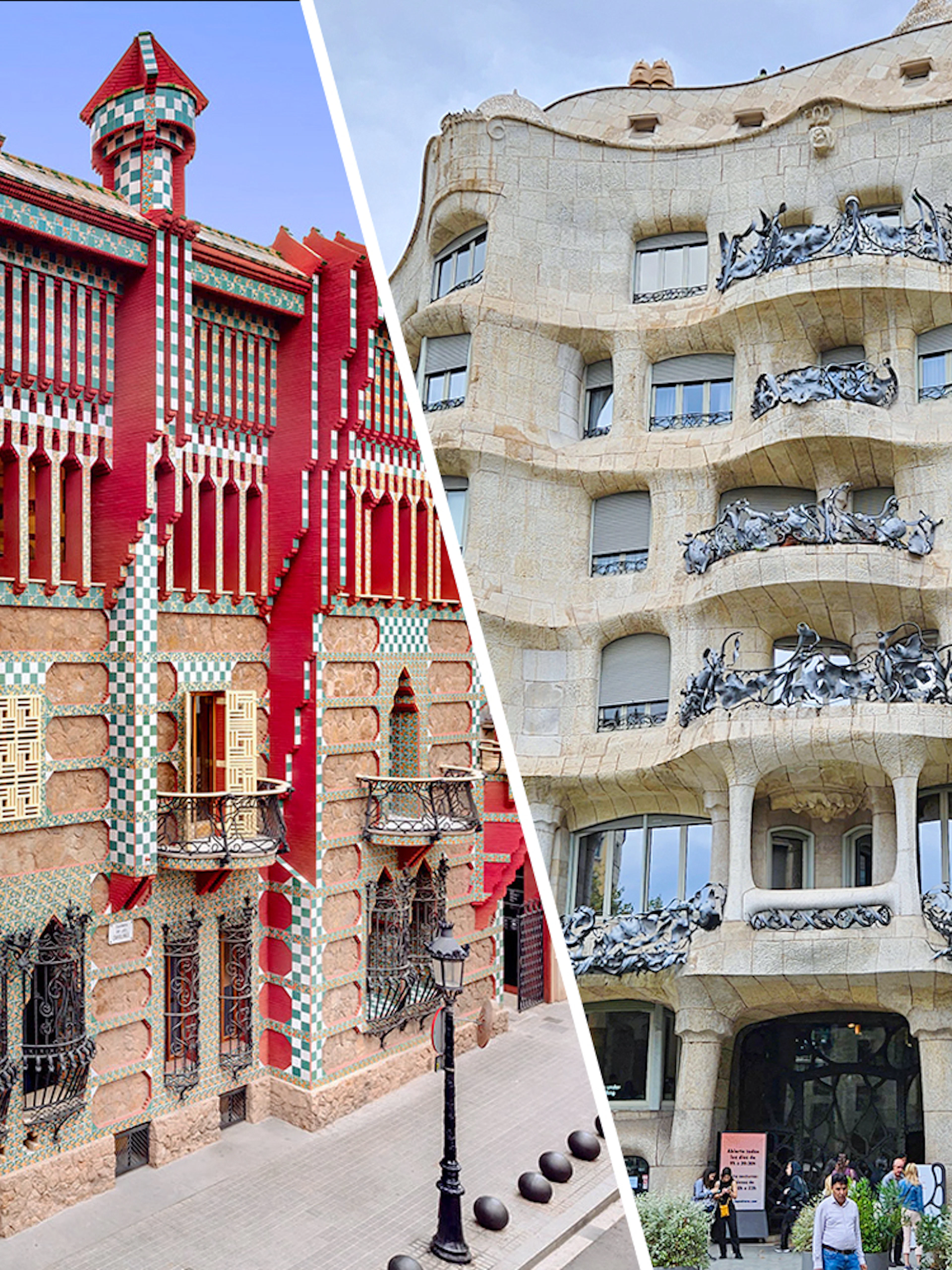 Casa Vicens and Casa Milà facades in Barcelona, showcasing unique architectural styles.