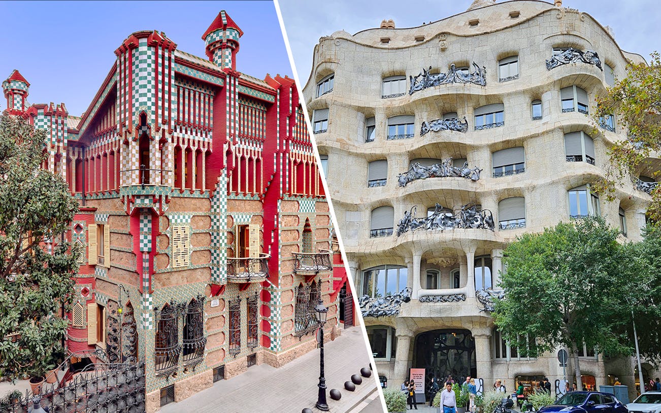 Casa Vicens and Casa Milà facades in Barcelona, showcasing unique architectural styles.