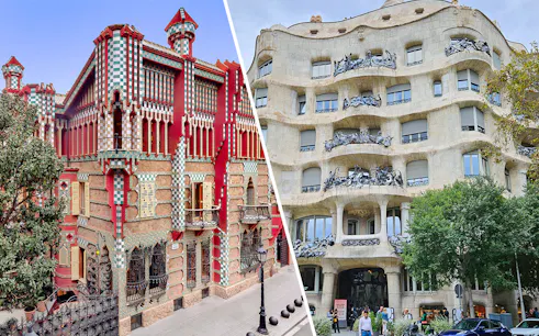 Casa Vicens and Casa Milà facades in Barcelona, showcasing unique architectural styles.