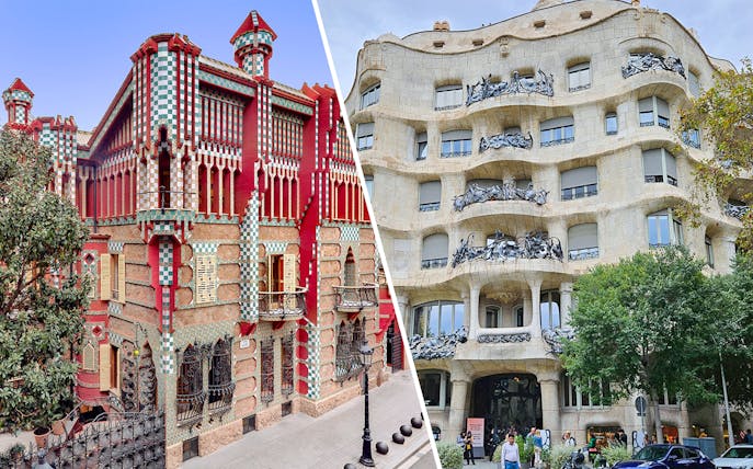 Casa Vicens and Casa Milà facades in Barcelona, showcasing unique architectural styles.
