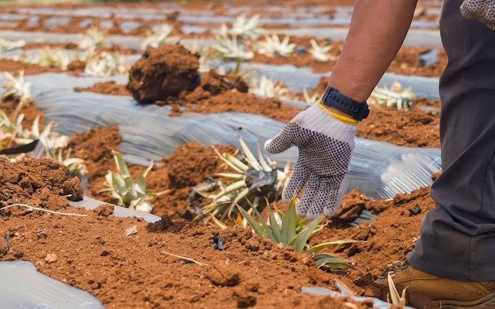 Worker tending pineapple plants on a plantation tour.
