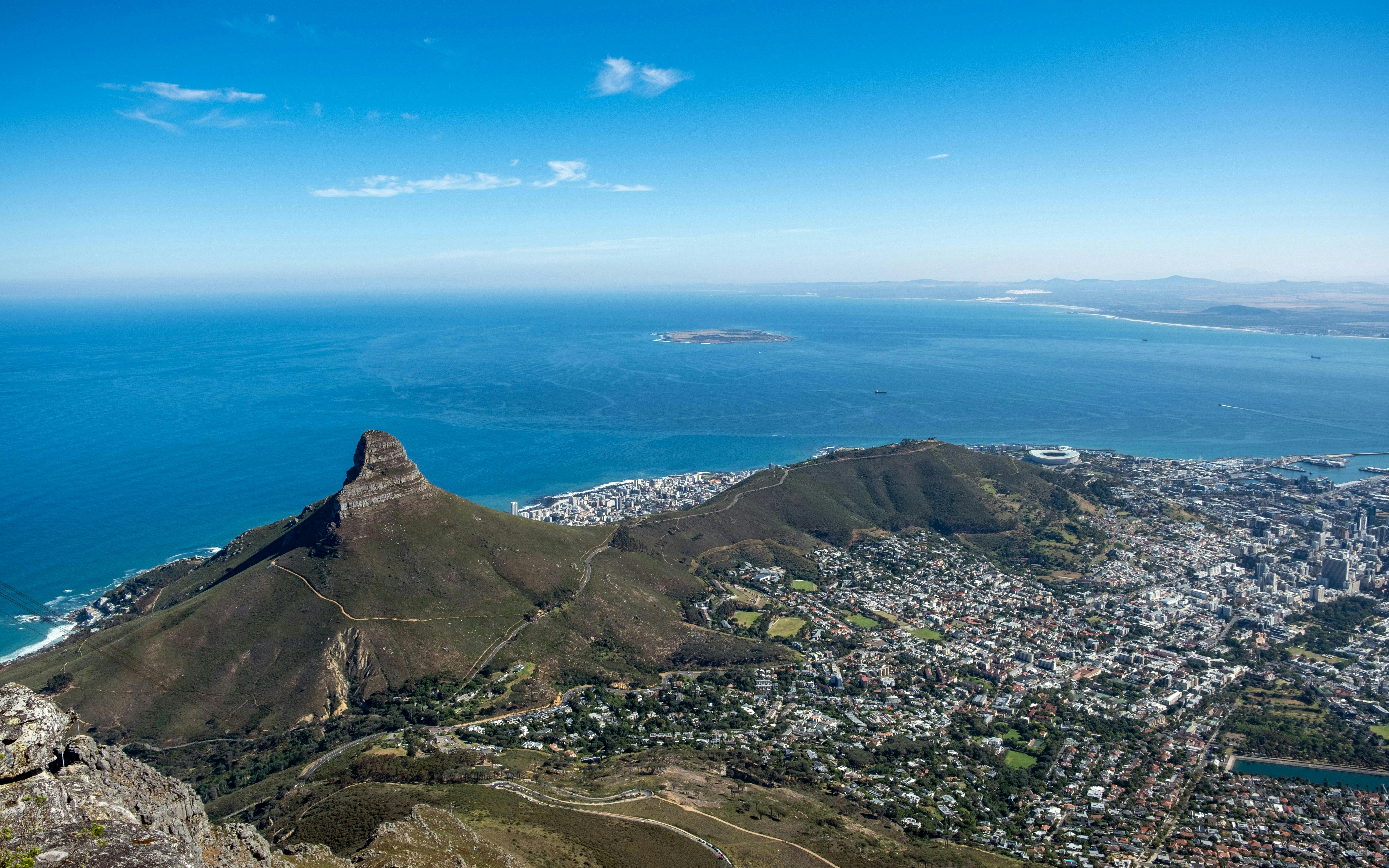 Aerial view of Table Bay and Lion's Head in Cape Town, South Africa.