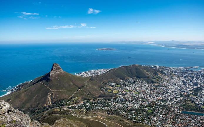 Aerial view of Table Bay and Lion's Head in Cape Town, South Africa.