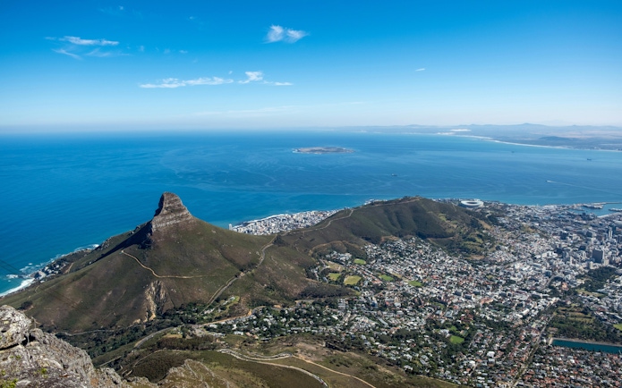 Aerial view of Table Bay and Lion's Head in Cape Town, South Africa.