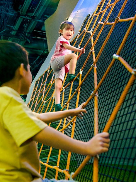 Children climbing a large net structure at Forestland Giant Spider Web attraction.