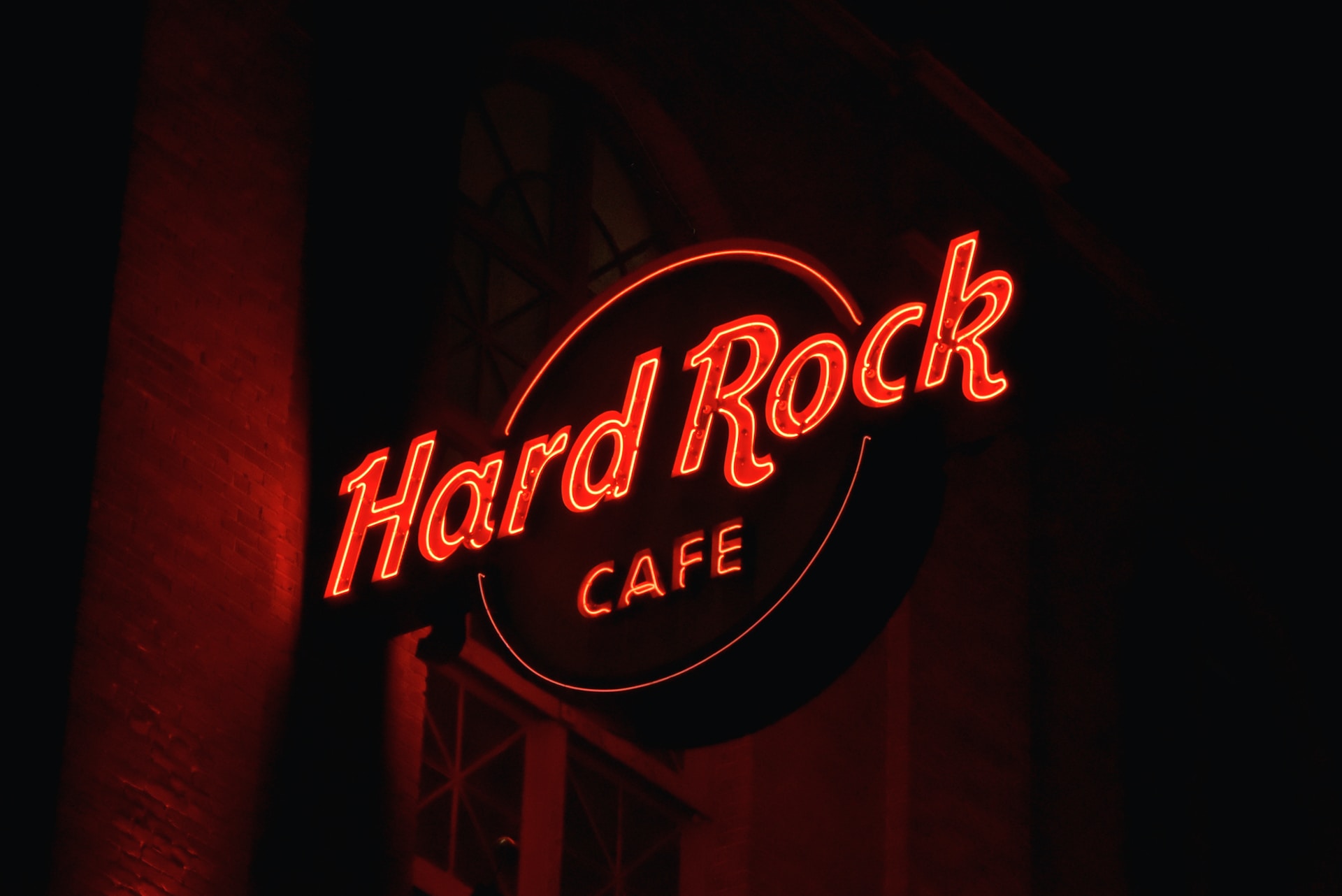 Hard Rock Cafe Paris exterior with iconic guitar sign and bustling street scene.