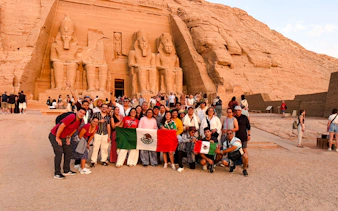 Group at Abu Simbel Temple, Aswan, during Nile Serenade tour.