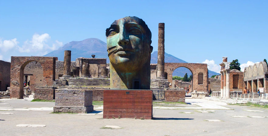 Bronze sculpture "Il Grande Sguardo" at Pompeii archaeological site, Italy.