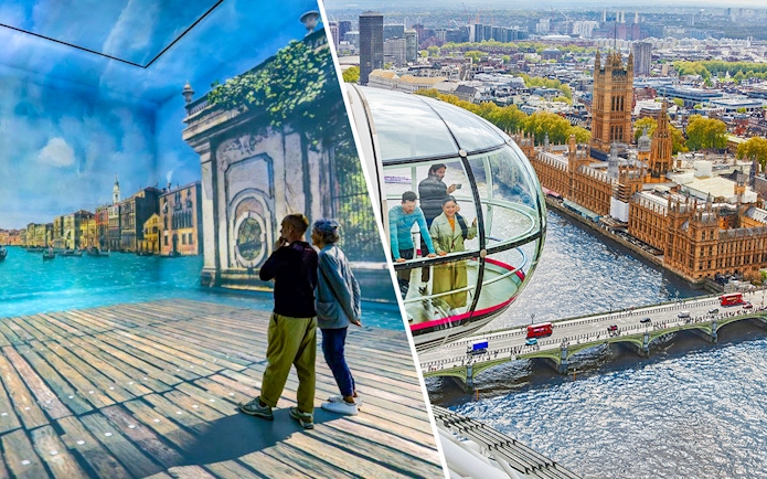 Frameless London exhibit with visitors and view from London Eye capsule over River Thames.