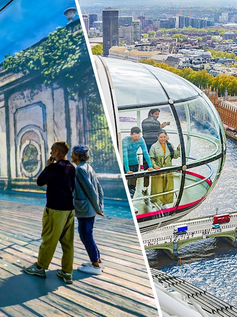 Frameless London exhibit with visitors and view from London Eye capsule over River Thames.