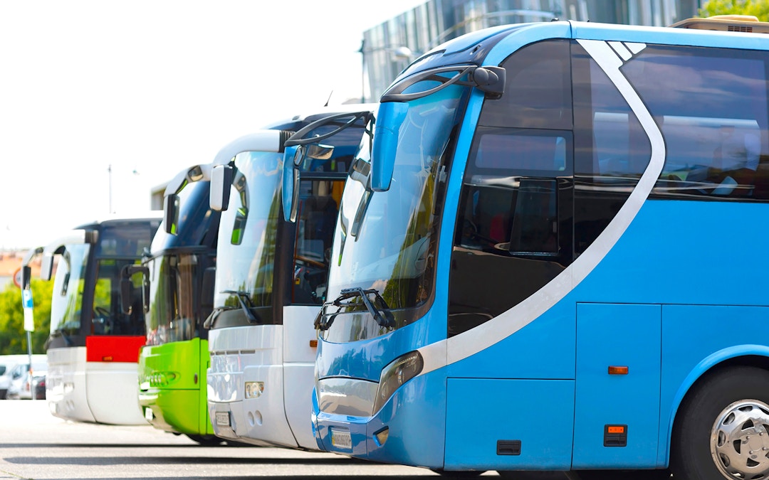 Reihe moderner Reisebusse in verschiedenen Farben auf einem Parkplatz.