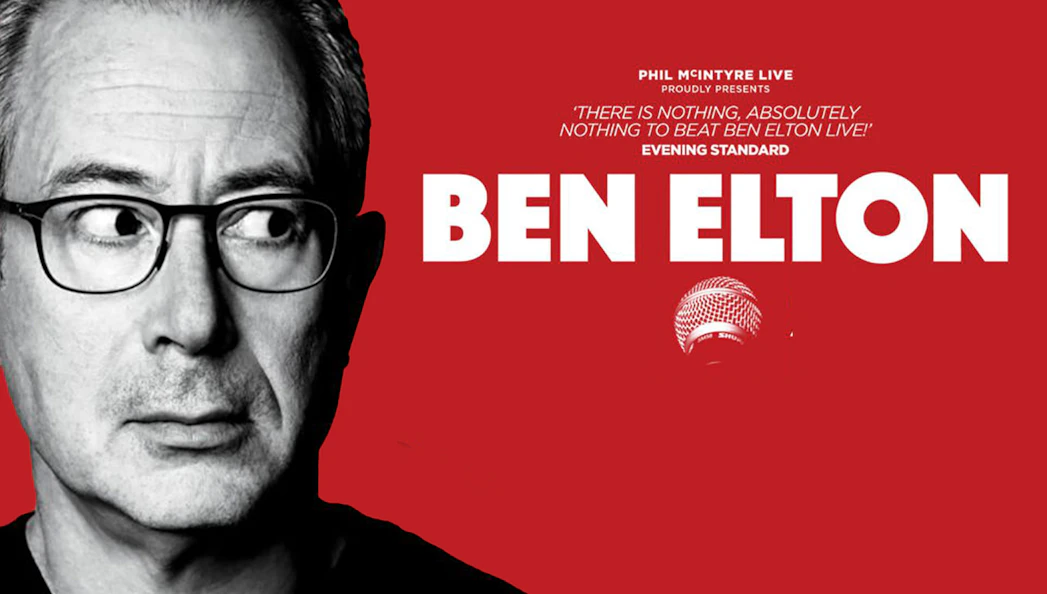 Ben Elton Live show poster with microphone graphic.