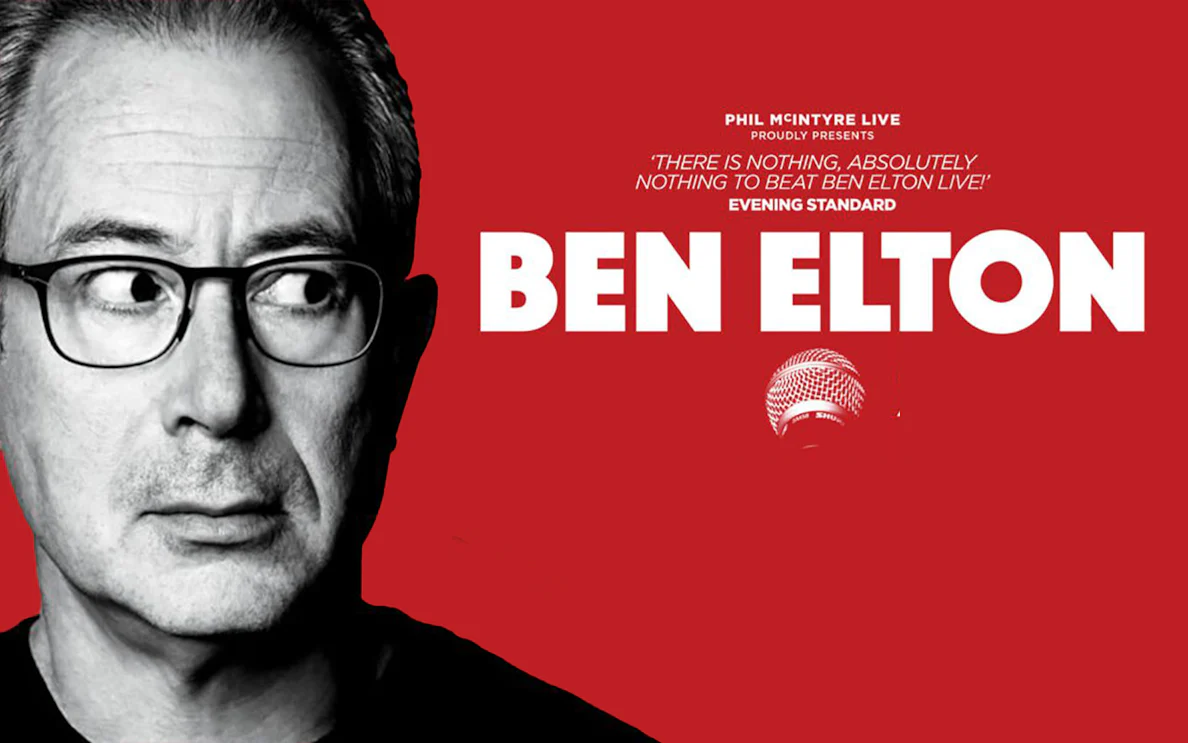 Ben Elton Live show poster with microphone graphic.