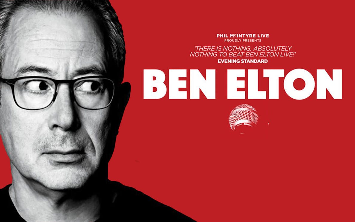 Ben Elton Live show poster with microphone graphic.