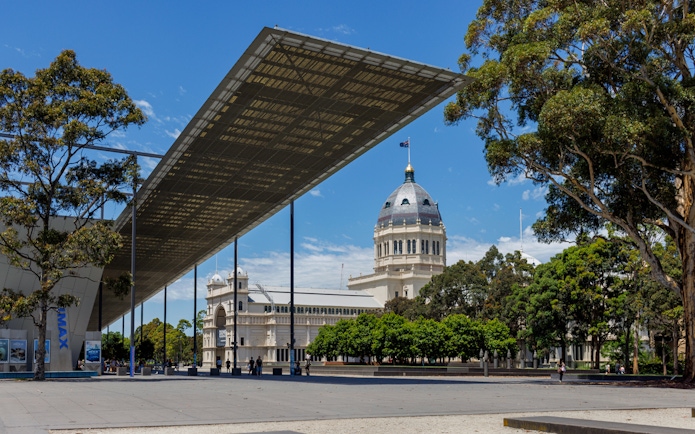 Melbourne Museum exterior with Royal Exhibition Building dome in view.