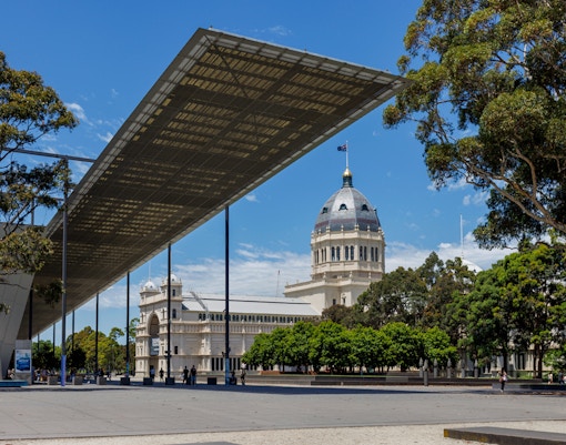 Melbourne Museum exterior with Royal Exhibition Building dome in view.