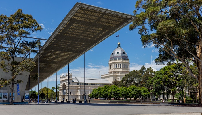 Melbourne Museum exterior with Royal Exhibition Building dome in view.