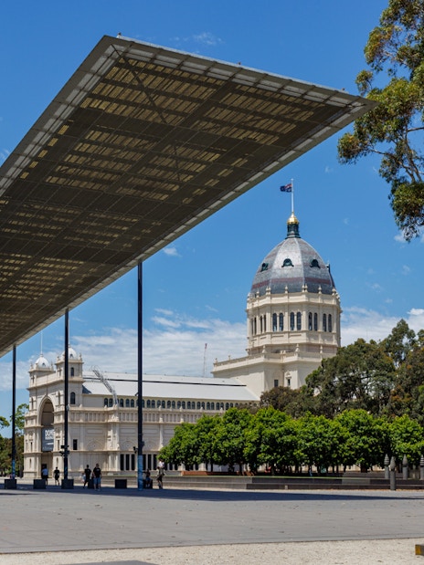 Melbourne Museum exterior with Royal Exhibition Building dome in view.