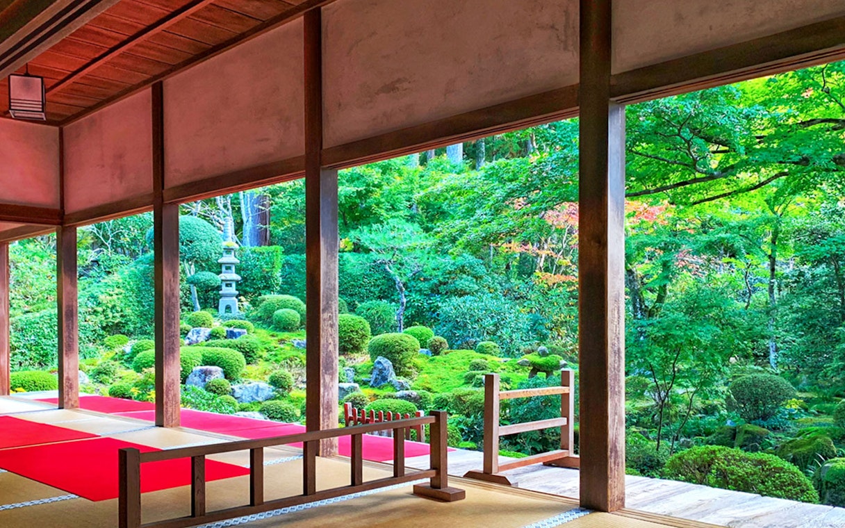 Kyoto temple garden view with lush greenery and stone lantern, part of Arashiyama tour.