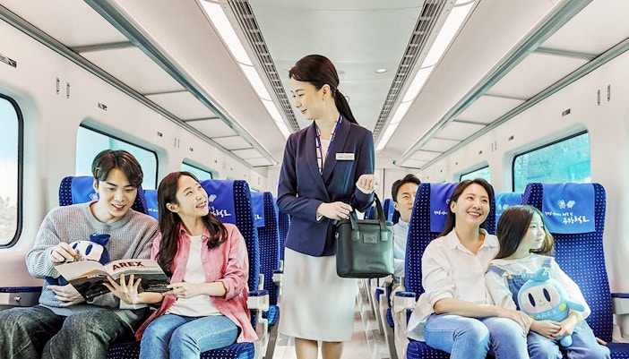 AREX Express Train at Incheon Airport platform for round trip to Seoul with free WiFi.