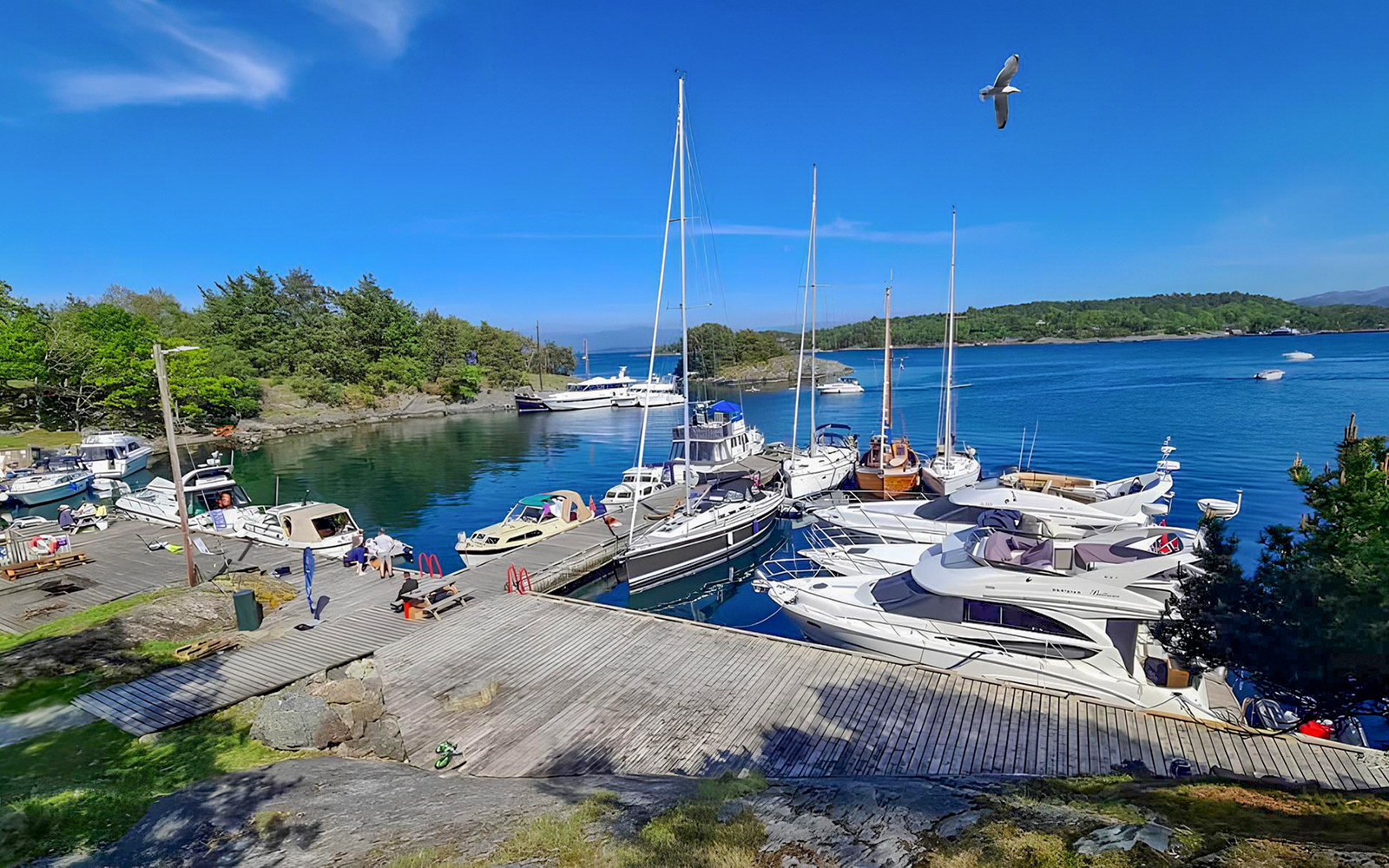 Stavanger Harbour boarding point with boats docked and tourists preparing for a fjord tour.