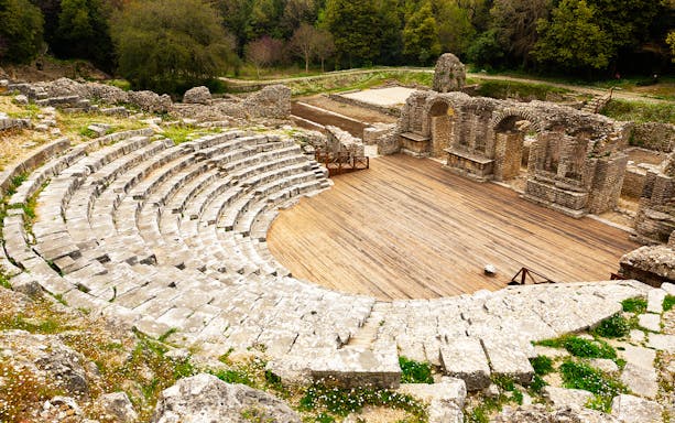 Ancient amphitheater ruins in Butrint National Park, Albania.